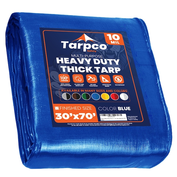 Tarpco Safety Heavy Duty Tarp, 70 ft L x 0.5 mm H x 30 ft W, 10 Mil, Blue, Polyethylene TS-155-30X70 - main